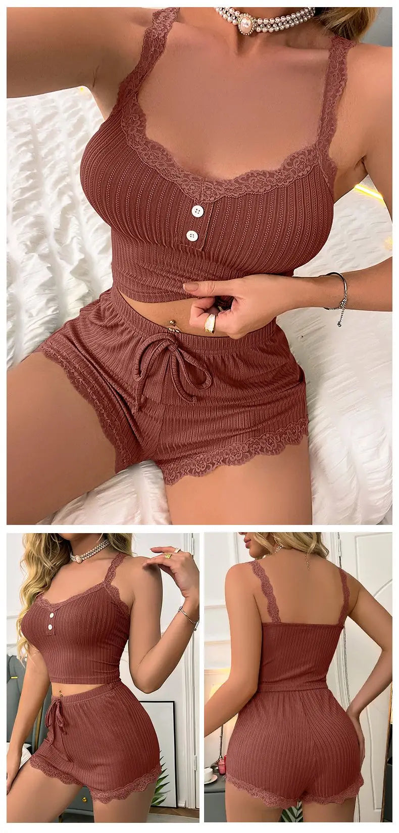 Sexy Ribbed Lace Trim Bra & Shorts Set